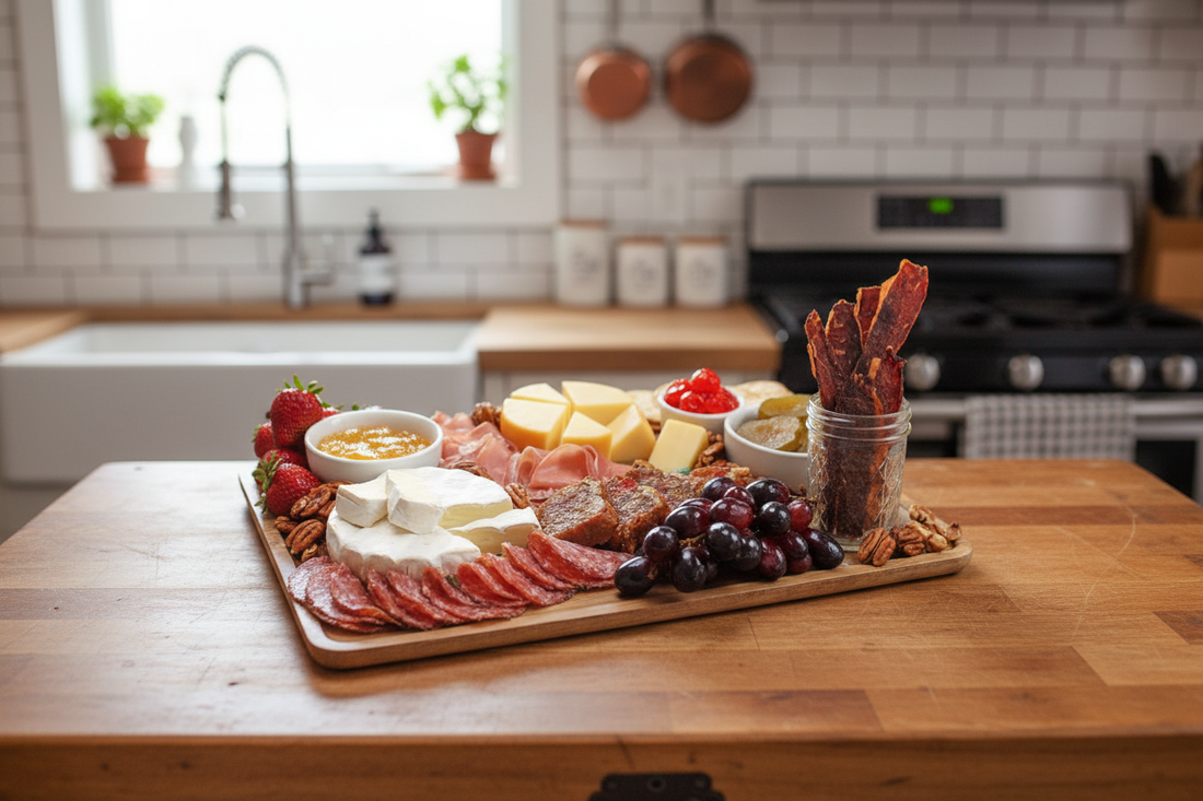 A beautifully styled charcuterie board featuring Beef Crisp in a mason jar alongside cheeses, fruits, and cured meats
