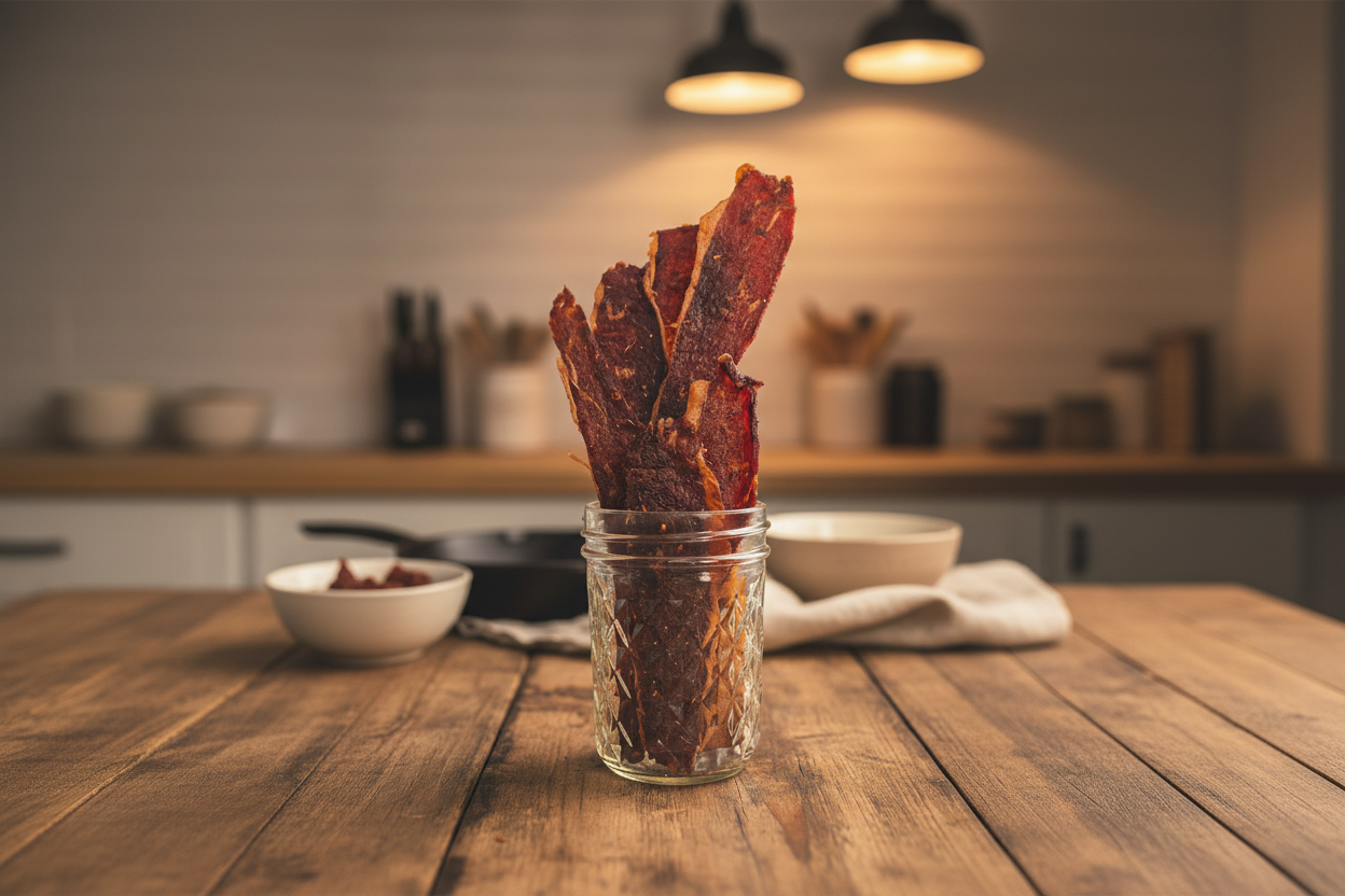 Rectangular beef jerky photo with same jar zoom